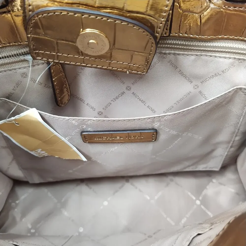 Michael Kors Karla Metallic Gold Leather Crocodile Embossed Satchel Bag - Picture 15 of 16